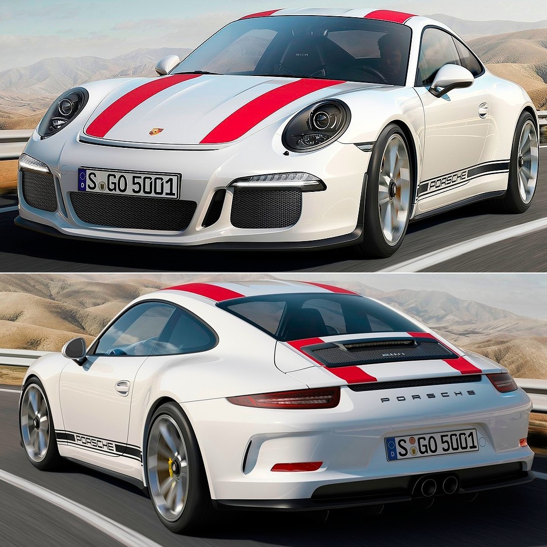 Porsche 911 R 2017  Marca alemã faz homenagem a modelo de 1967 com o 911 R (R de racing). Motor 4.0 aspirado com 500 cv e câmbio manual de 6 marchas. #porsche #911 #racing #carroesporteclube