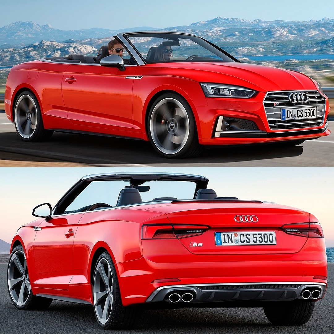 Audi S5 Cabriolet 2017 Marca alemã revelou nesta sexta feira a versão conversível da família A5. O modelo leva quatro pessoas com cabelos ao vento e pode abrir ou fechar a capota automaticamente com velocidade de até 50 km/h. Na versão nervosa, caso do S5 das fotos, vem com o novo motor turbo 3.0 TDI de seis cilindros com 354 cavalos e 500 Nm de torque e tração integral Quattro. Faz de 0 a 100 km/h em  em 5.1s com máxima de 250 km/h, limitada eletronicamente. O A5 conversível também pode vir equipado com os motores 2.0 TFSI de 252 cv, 2.0 TDI com 190 cv e 3.0 TDI de 218 cv.  Opção de transmissão manual de seis velocidades , S tronic (automatizado de dupla embreagem) de sete marchas ou automático de oito marchas