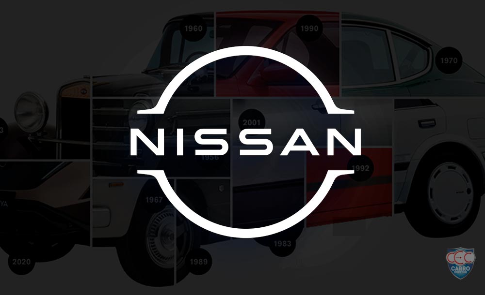 Nova logo da Nissan em destaque com montagem de carros históricos da marca